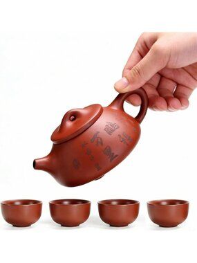 Hand-Carved Purple Clay Teapot Set | 6 oz Teapot & 4 Cups for Kungfu Tea